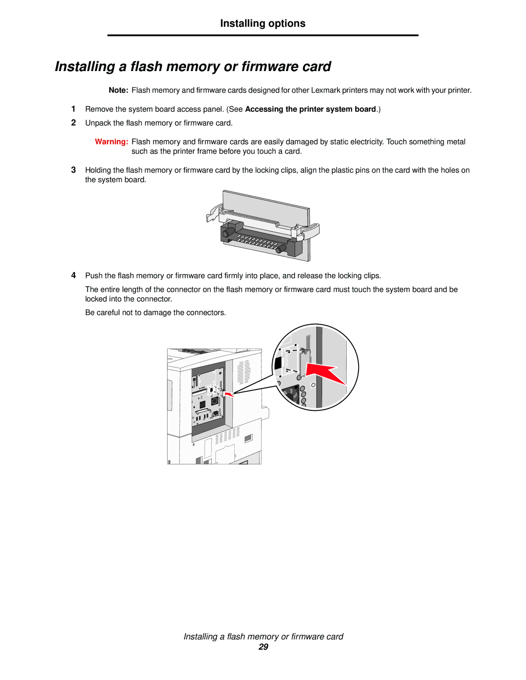 Lexmark 840 manual Installing a flash memory or firmware card 