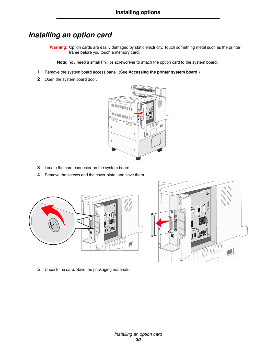 Lexmark 840 manual Installing an option card 