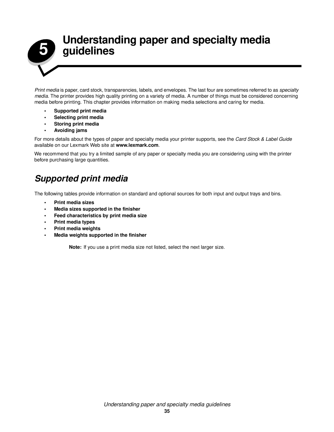 Lexmark 840 manual Understanding paper and specialty media 5 guidelines, Supported print media 