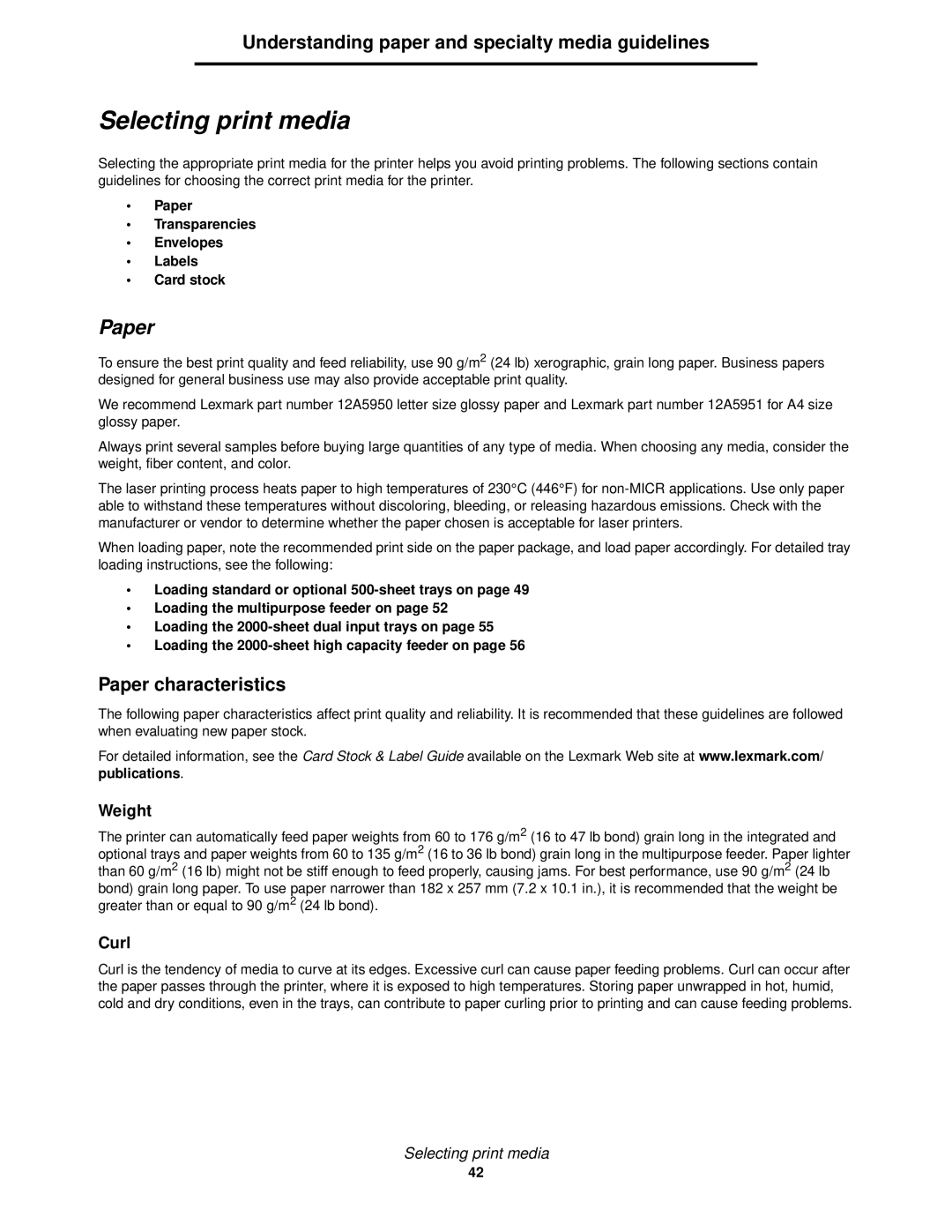 Lexmark 840 manual Selecting print media, Paper characteristics, Paper Transparencies Envelopes Labels Card stock 