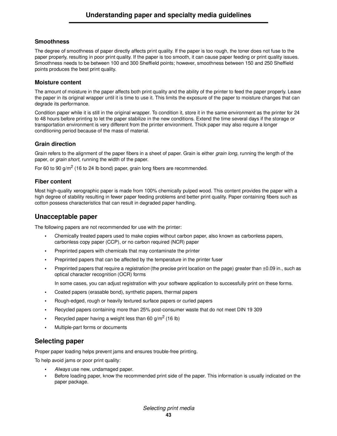 Lexmark 840 manual Unacceptable paper, Selecting paper 