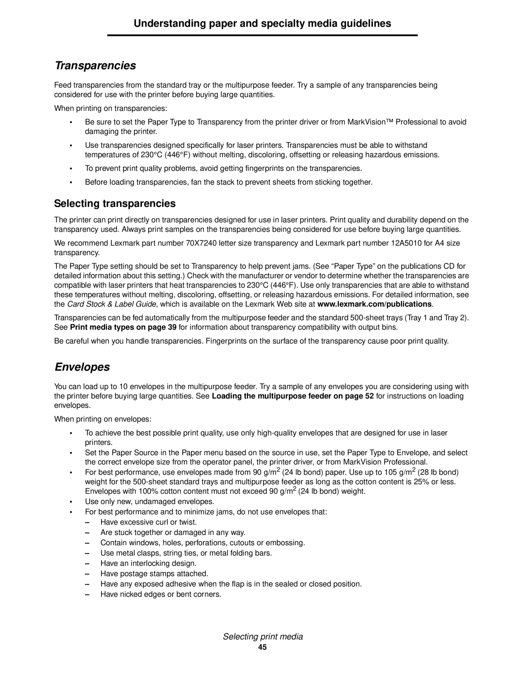 Lexmark 840 manual Transparencies, Envelopes, Selecting transparencies 