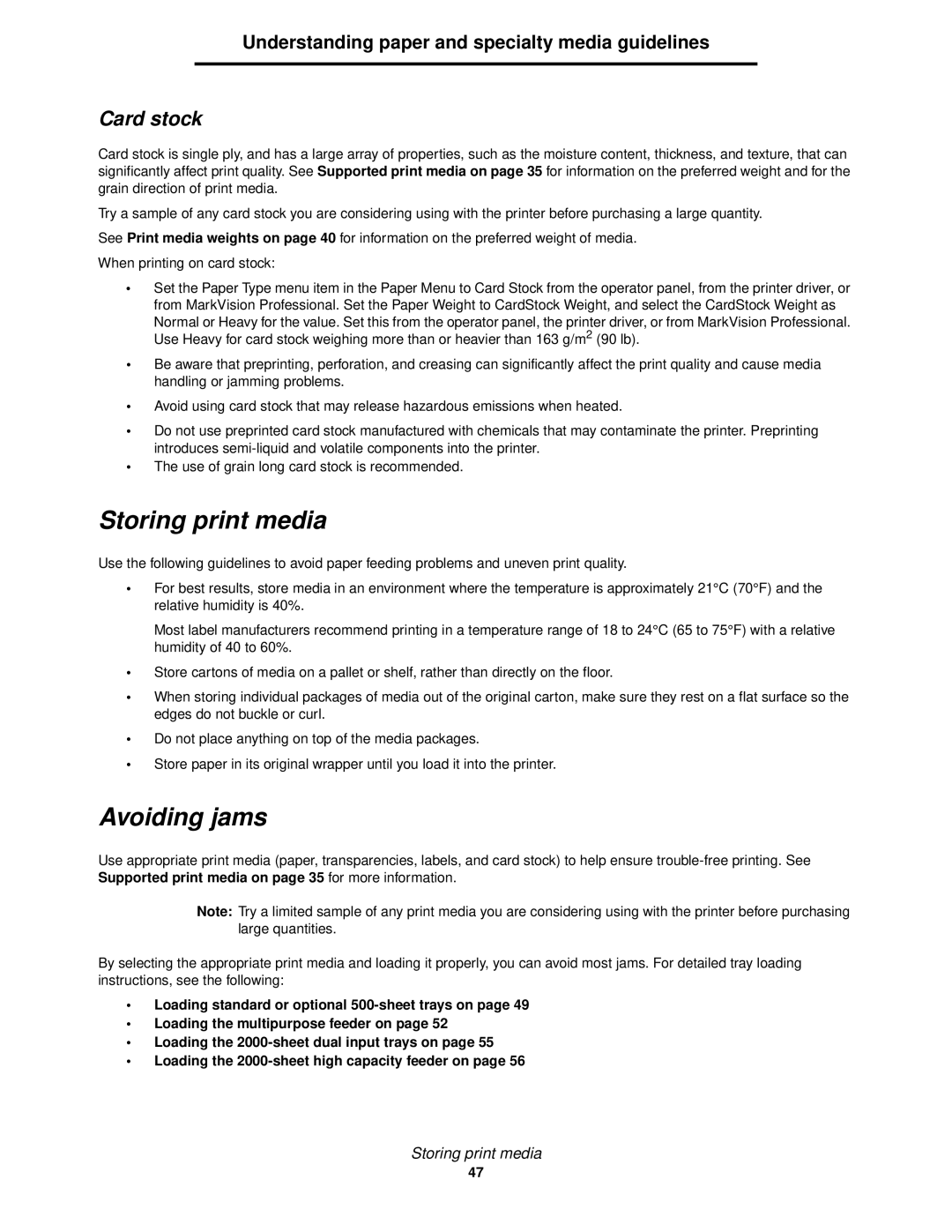 Lexmark 840 manual Storing print media, Avoiding jams, Card stock 