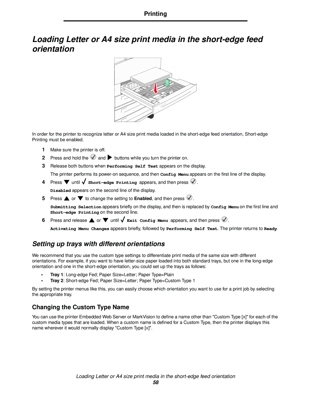 Lexmark 840 manual Setting up trays with different orientations, Changing the Custom Type Name 