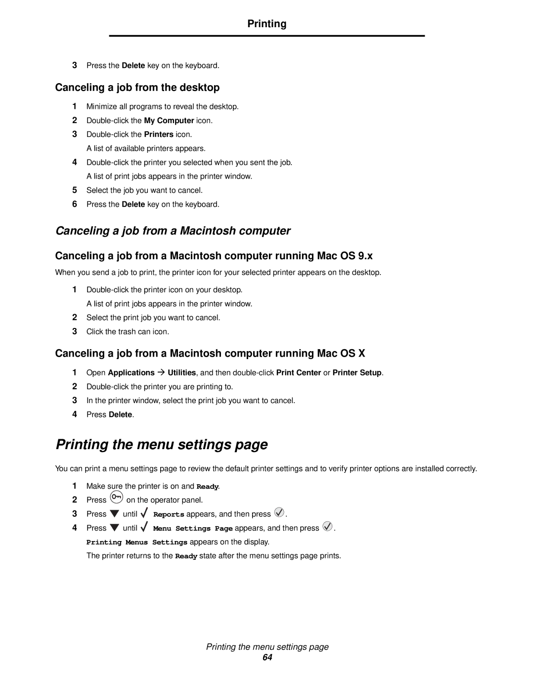 Lexmark 840 manual Printing the menu settings, Canceling a job from a Macintosh computer, Canceling a job from the desktop 