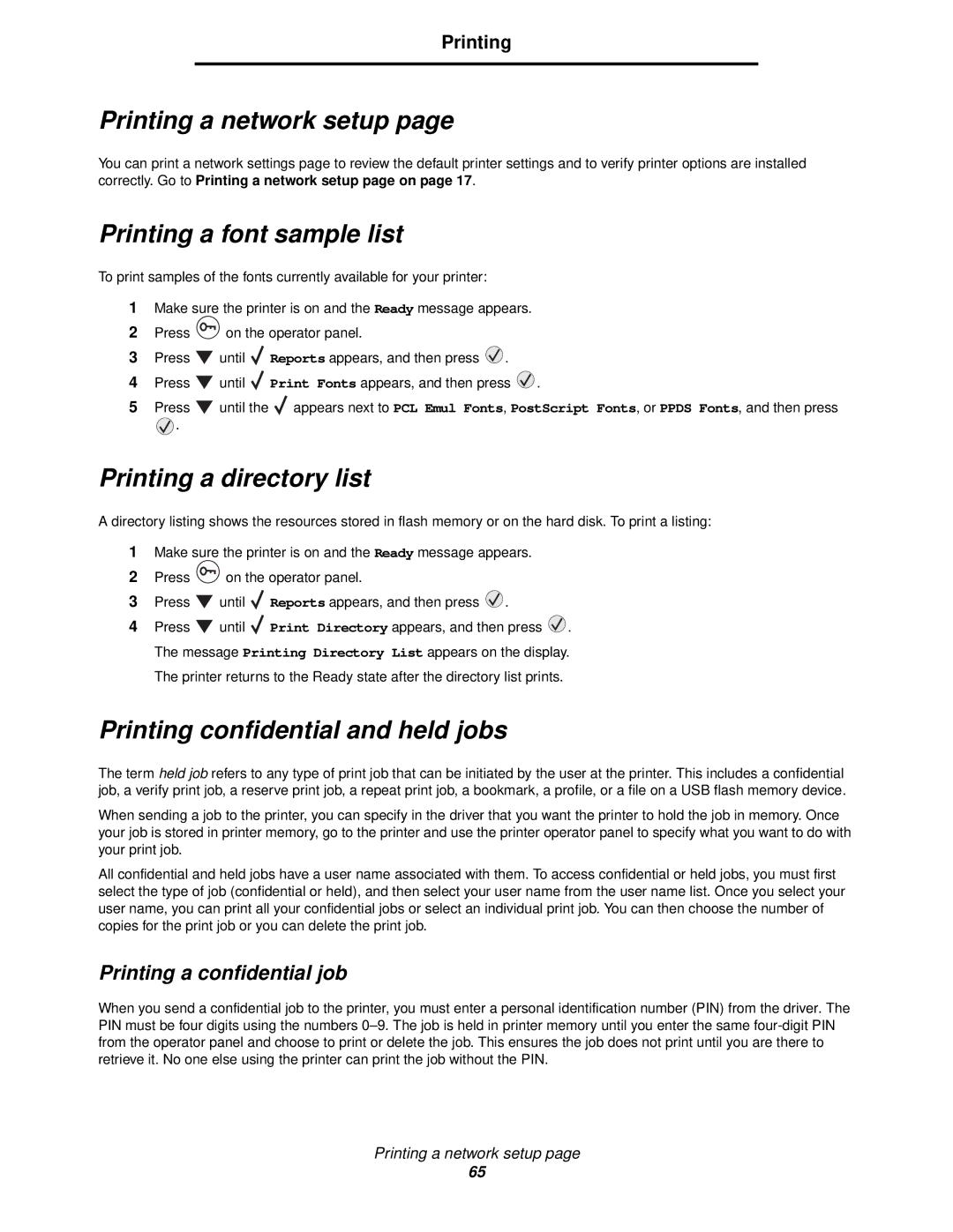 Lexmark 840 manual Printing a font sample list, Printing a directory list, Printing confidential and held jobs 