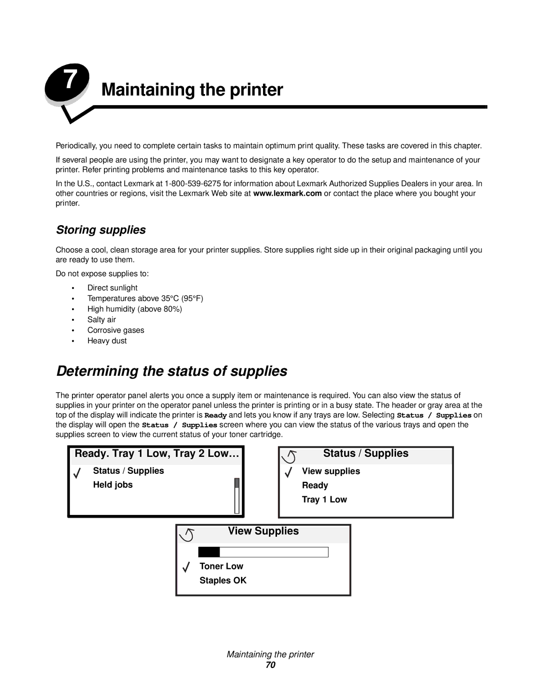 Lexmark 840 manual Determining the status of supplies, Storing supplies, Ready. Tray 1 Low, Tray 2 Low…, Status / Supplies 