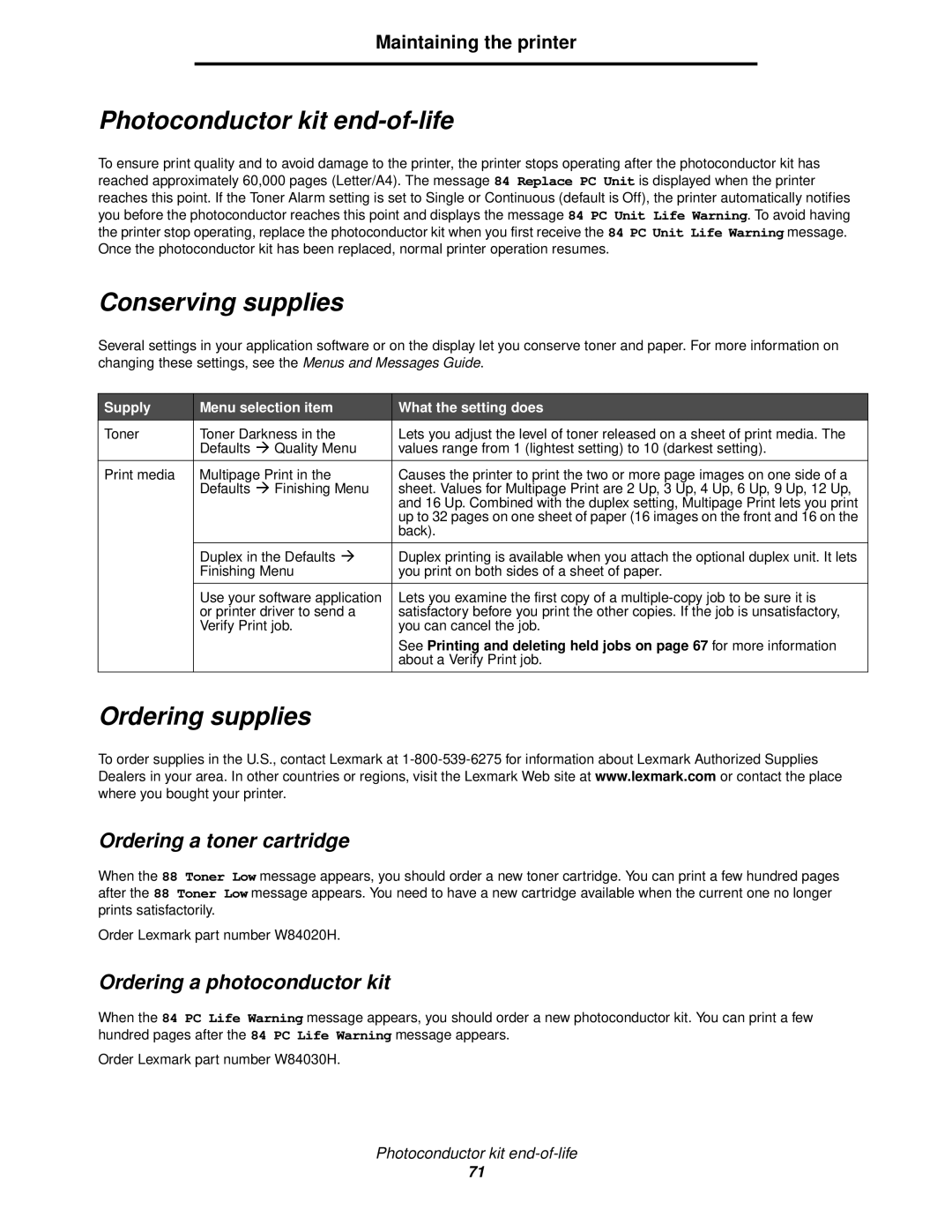 Lexmark 840 manual Photoconductor kit end-of-life, Conserving supplies, Ordering supplies, Ordering a toner cartridge 