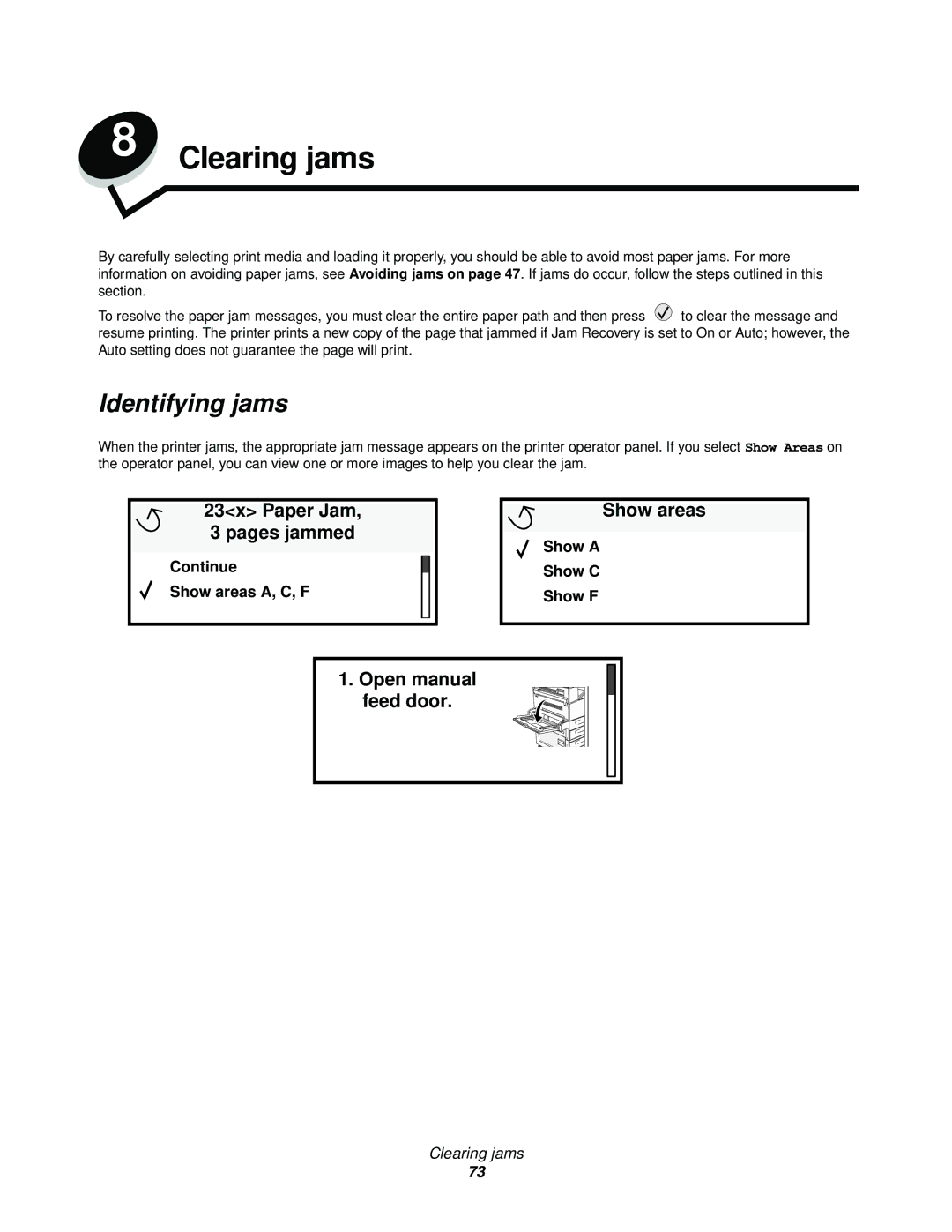 Lexmark 840 Identifying jams, 23x Paper Jam Show areas Pages jammed, Open manual Feed door 