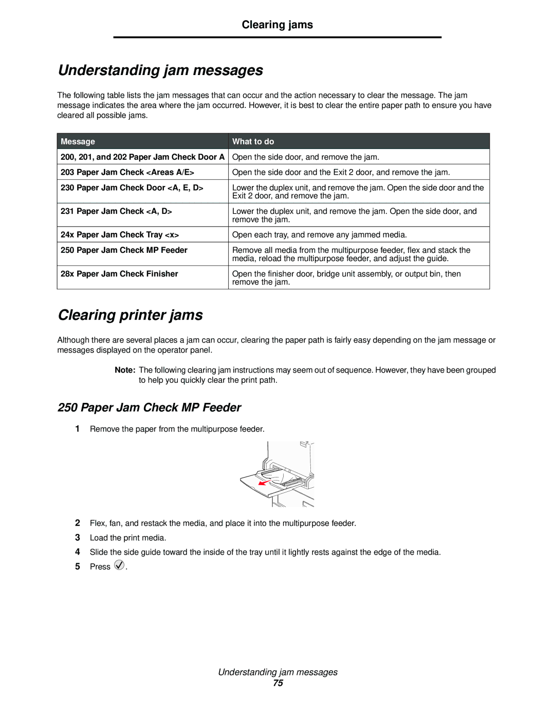 Lexmark 840 manual Understanding jam messages, Clearing printer jams, Paper Jam Check MP Feeder, Message What to do 