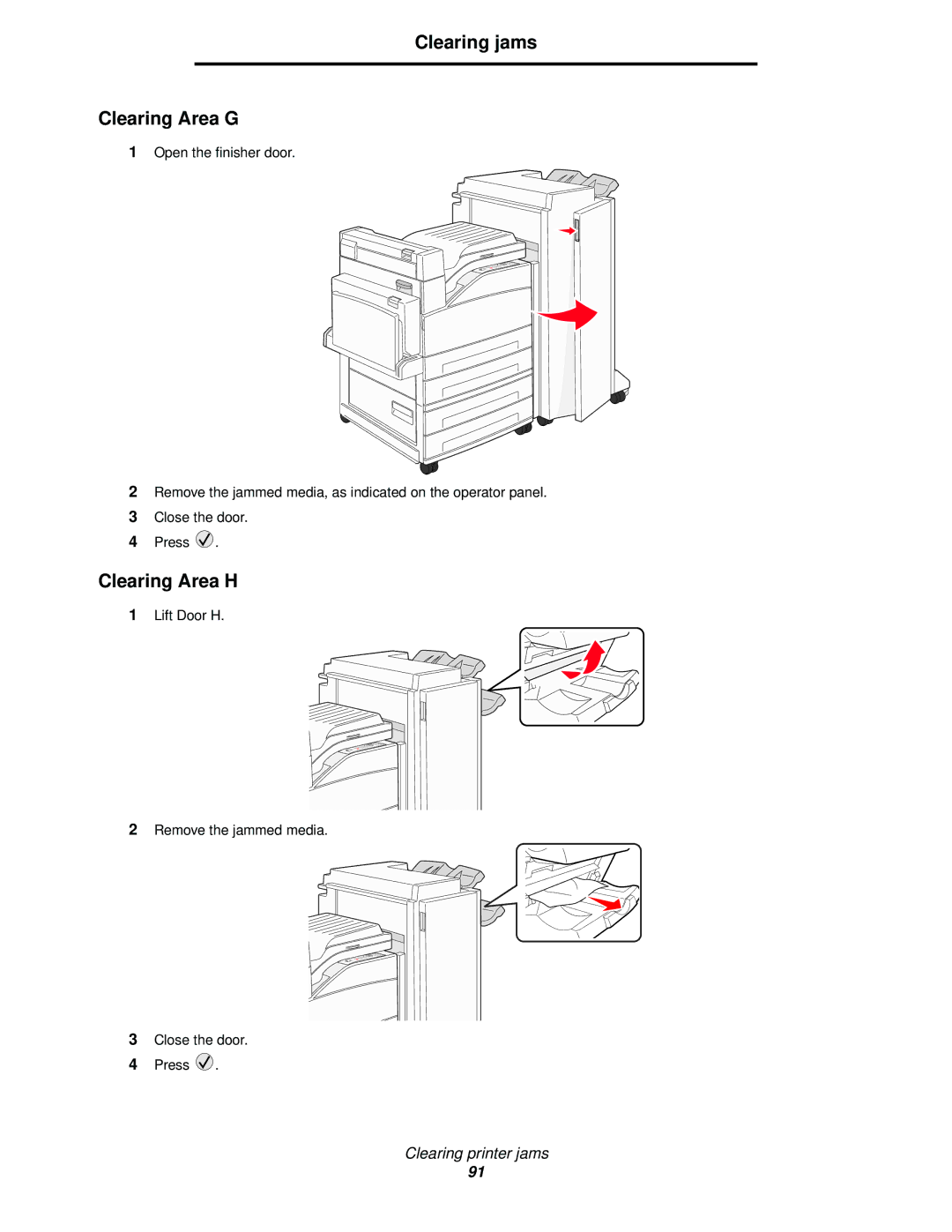 Lexmark 840 manual Clearing jams Clearing Area G, Clearing Area H 