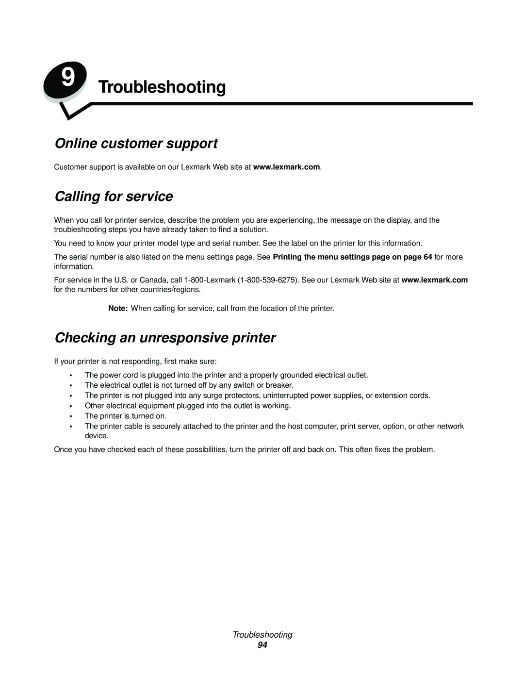 Lexmark 840 manual Online customer support Calling for service, Checking an unresponsive printer 