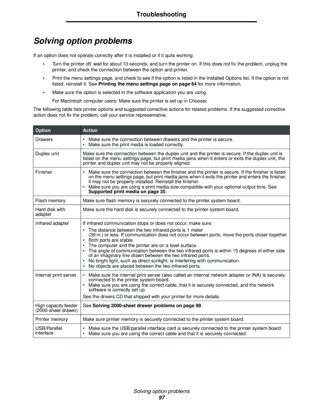 Lexmark 840 Solving option problems, Option Action, Supported print media on, See Solving 2000-sheet drawer problems on 