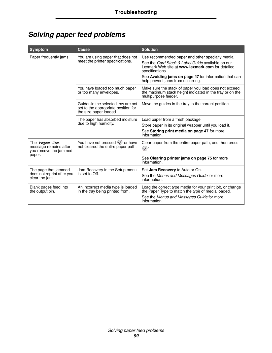 Lexmark 840 manual Solving paper feed problems, See Storing print media on page 47 for more 