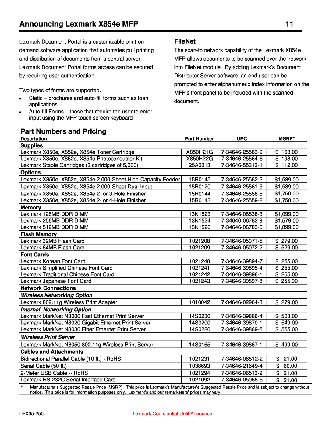 Lexmark manual FileNet, Announcing Lexmark X854e MFP, Part Numbers and Pricing, Wireless Networking Option 