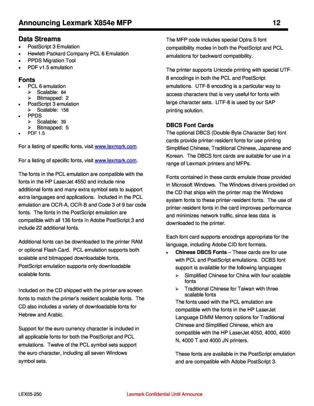 Lexmark manual Data Streams, Fonts, DBCS Font Cards, Announcing Lexmark X854e MFP 