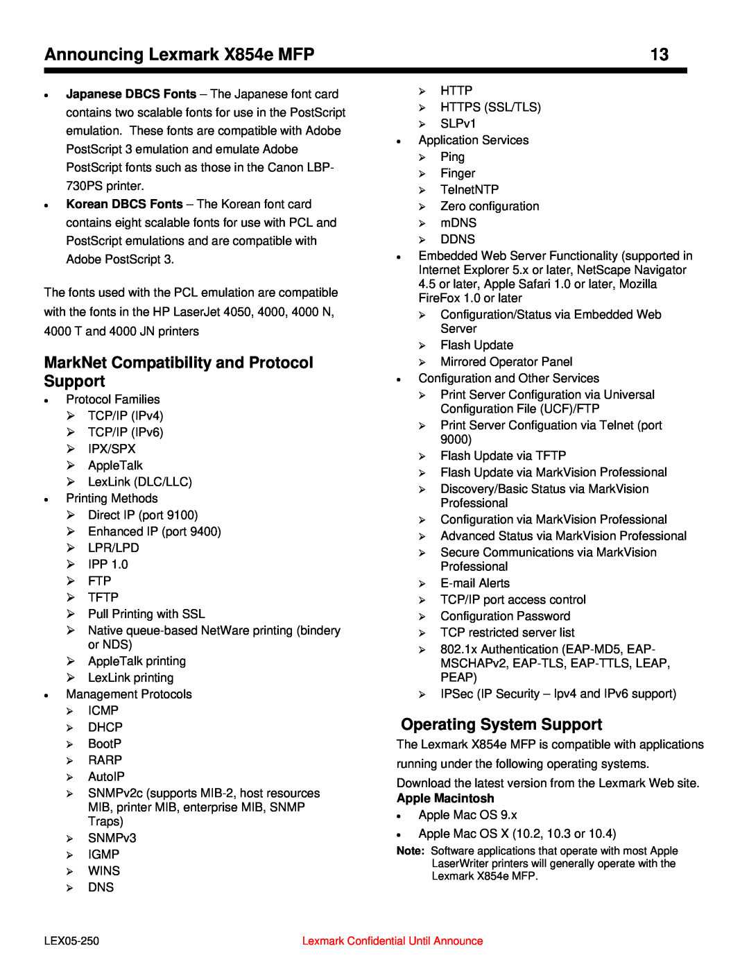 Lexmark manual MarkNet Compatibility and Protocol Support, Operating System Support, Announcing Lexmark X854e MFP 