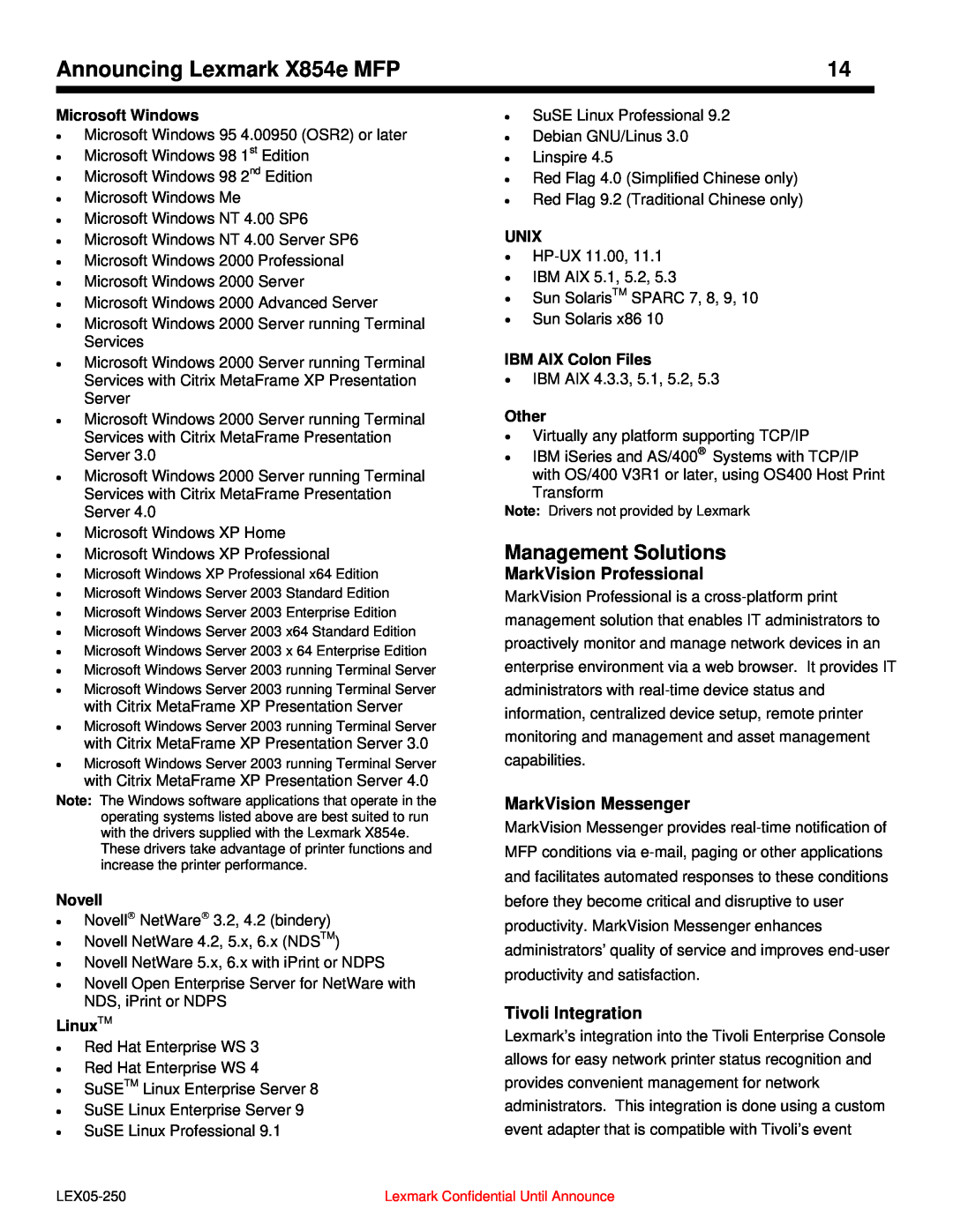 Lexmark 854e MFP manual Management Solutions, MarkVision Professional, MarkVision Messenger, Tivoli Integration 