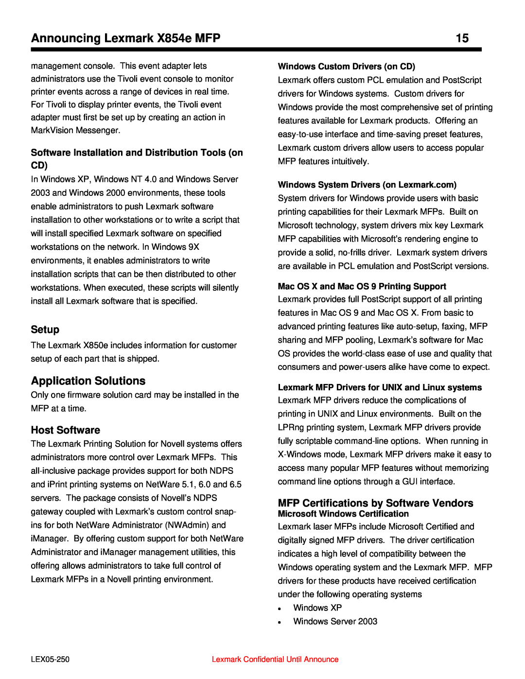 Lexmark 854e MFP manual Application Solutions, Setup, Host Software, MFP Certifications by Software Vendors 