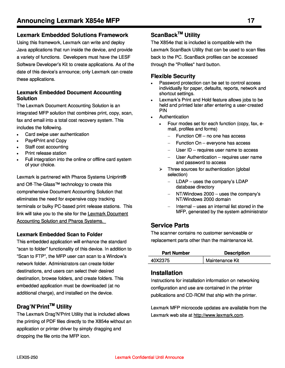 Lexmark 854e MFP manual Service Parts, Installation, Lexmark Embedded Solutions Framework, Drag’N’PrintTM Utility 