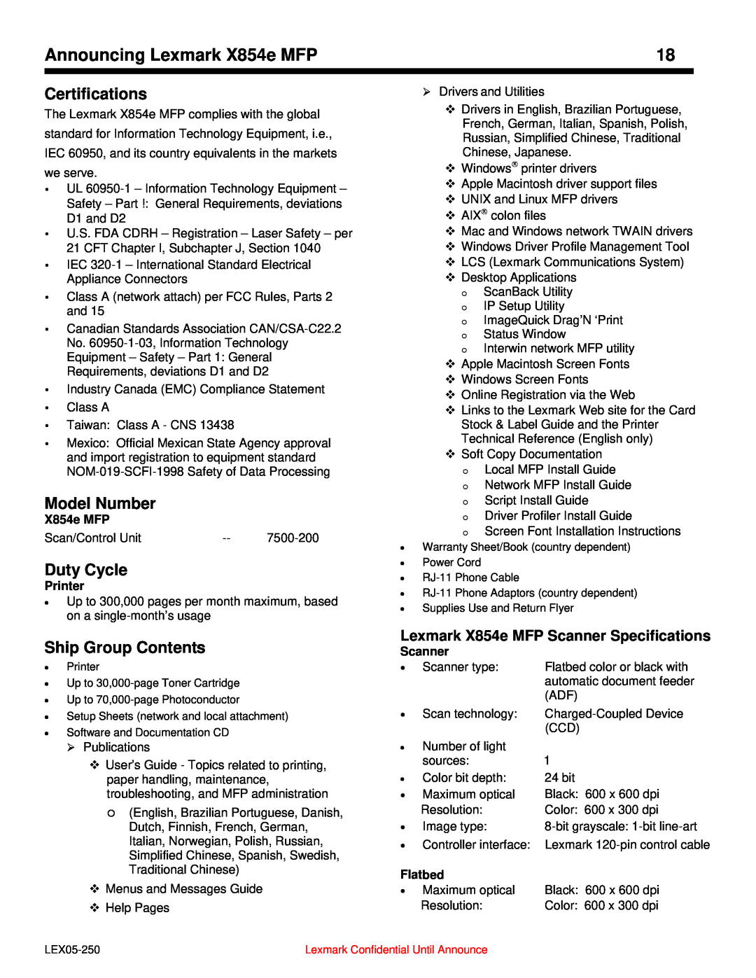 Lexmark manual Certifications, Model Number, Duty Cycle, Ship Group Contents, Lexmark X854e MFP Scanner Specifications 