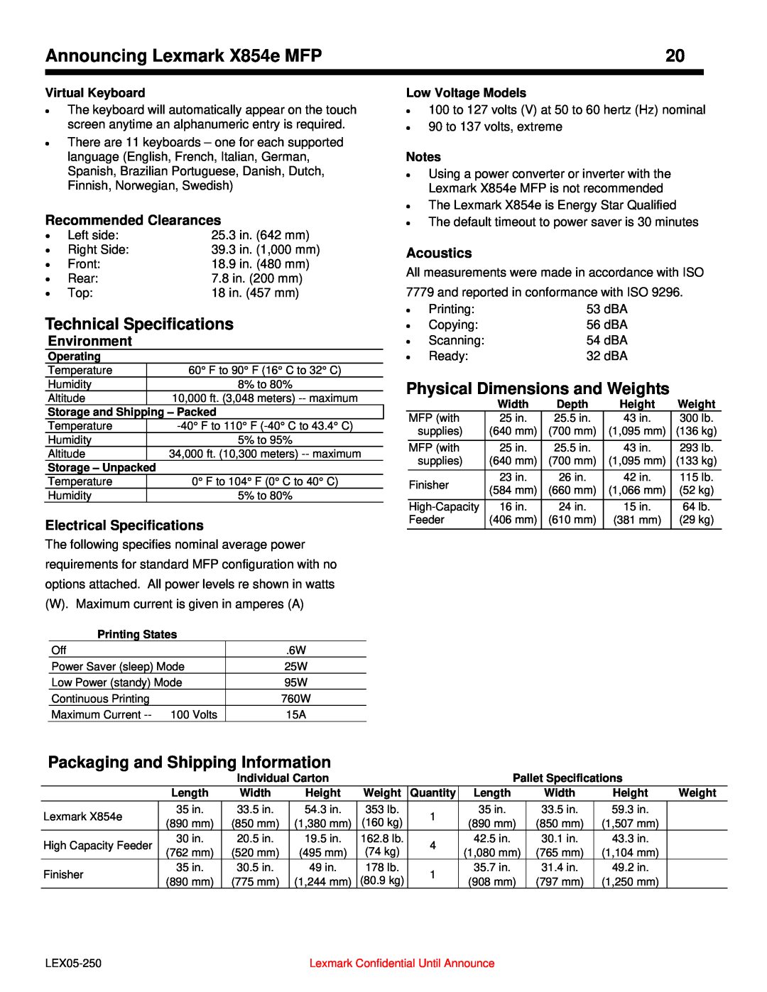 Lexmark 854e MFP Technical Specifications, Physical Dimensions and Weights, Packaging and Shipping Information, Acoustics 