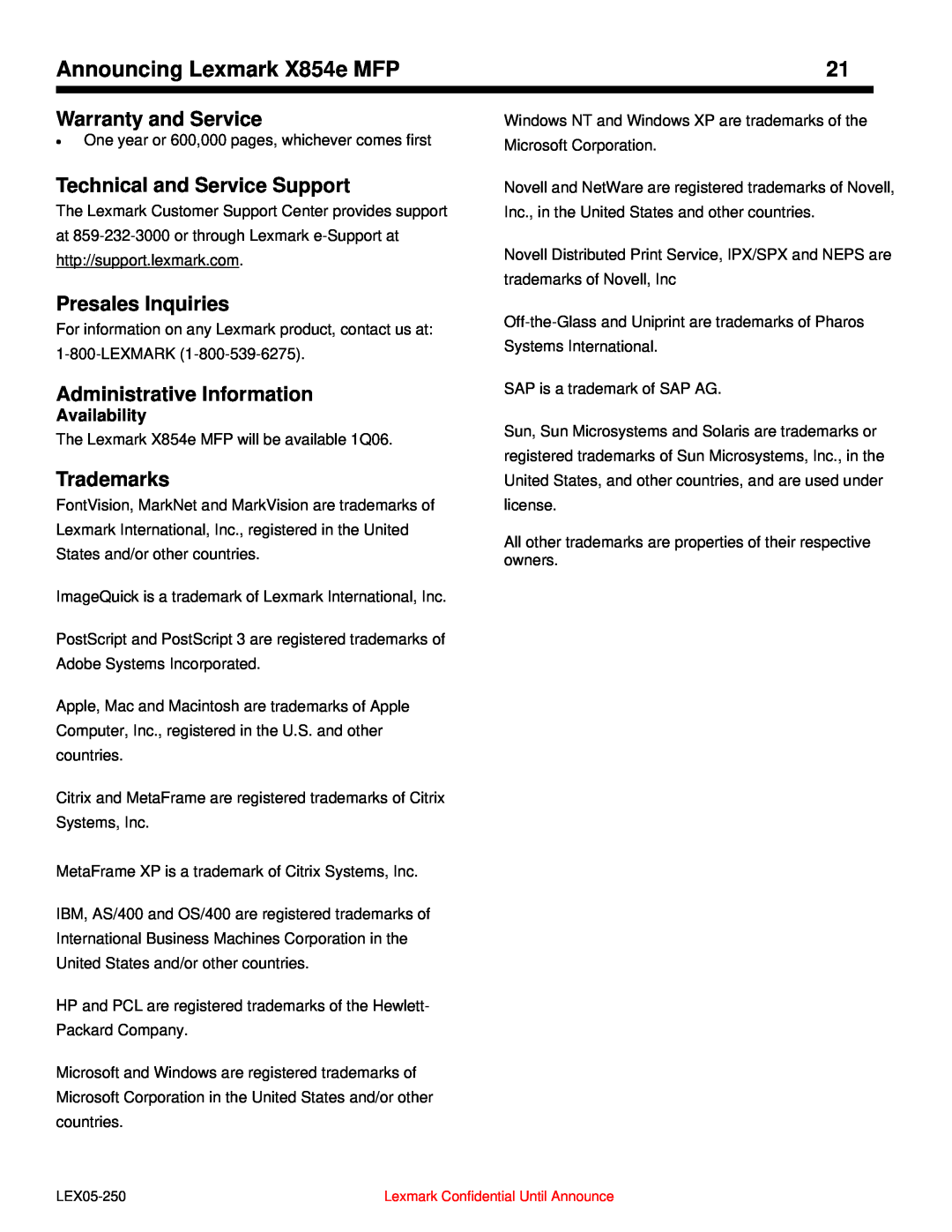 Lexmark 854e MFP manual Warranty and Service, Technical and Service Support, Presales Inquiries, Administrative Information 