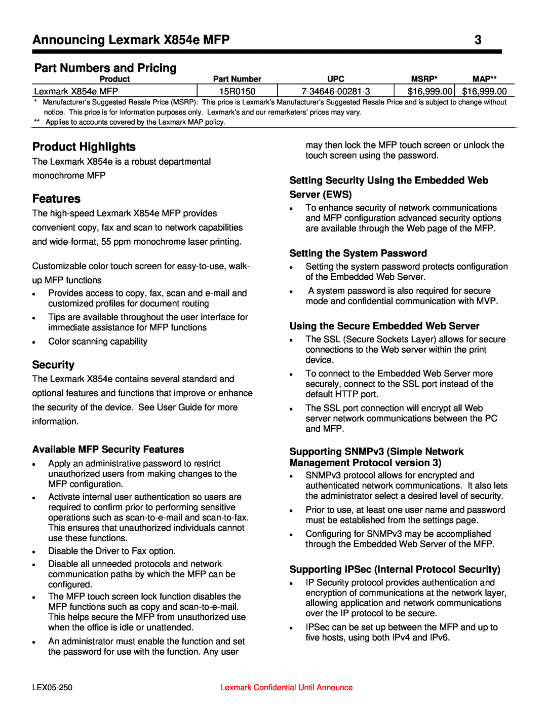 Lexmark 854e MFP manual Part Numbers and Pricing, Product Highlights, Available MFP Security Features 