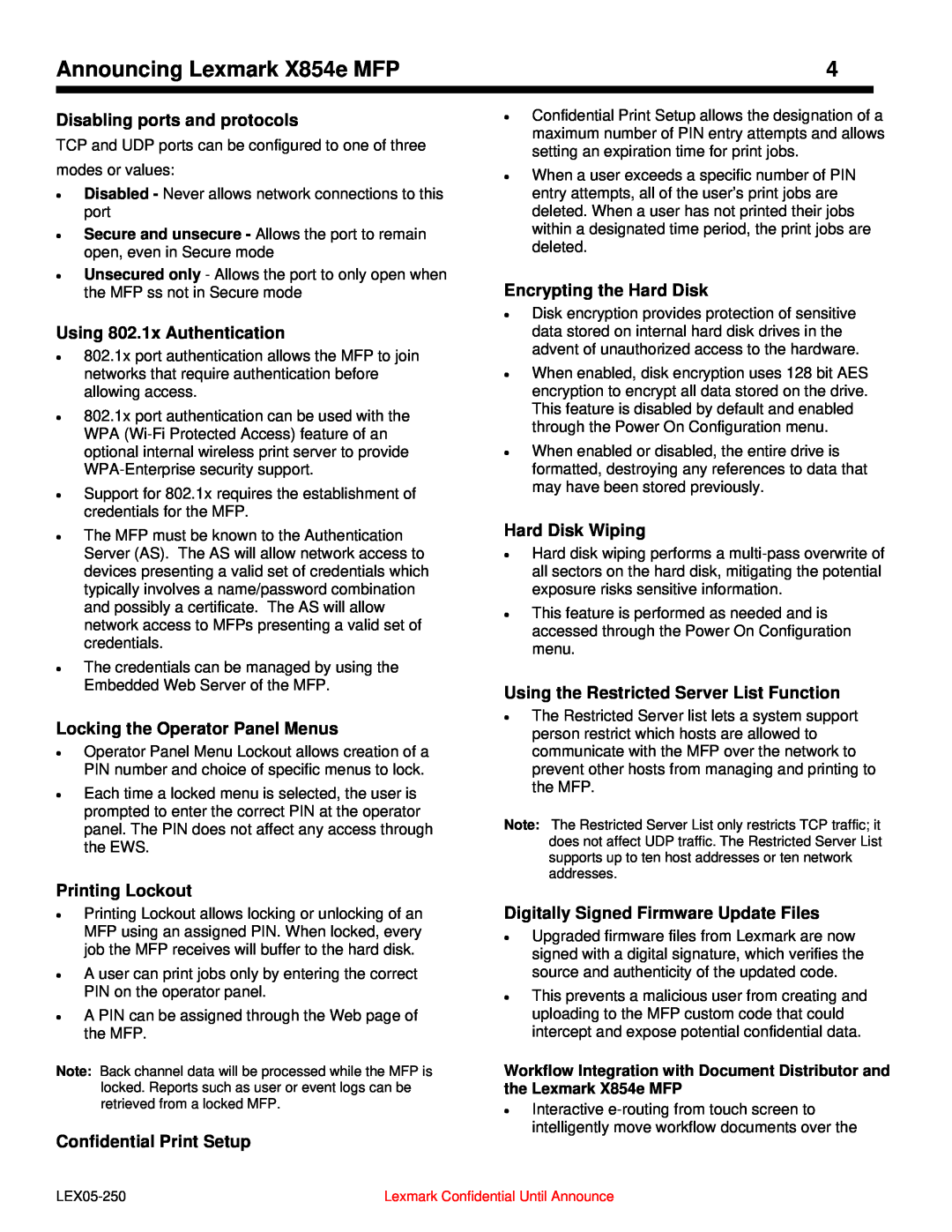 Lexmark 854e MFP manual Disabling ports and protocols, Using 802.1x Authentication, Locking the Operator Panel Menus 