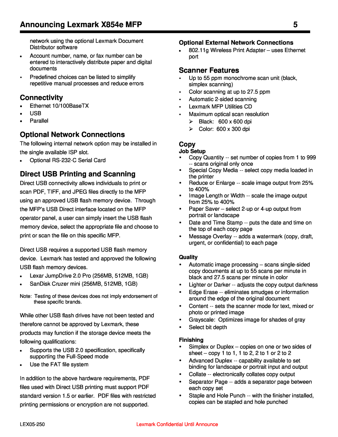 Lexmark 854e MFP Connectivity, Optional Network Connections, Direct USB Printing and Scanning, Scanner Features, Copy 