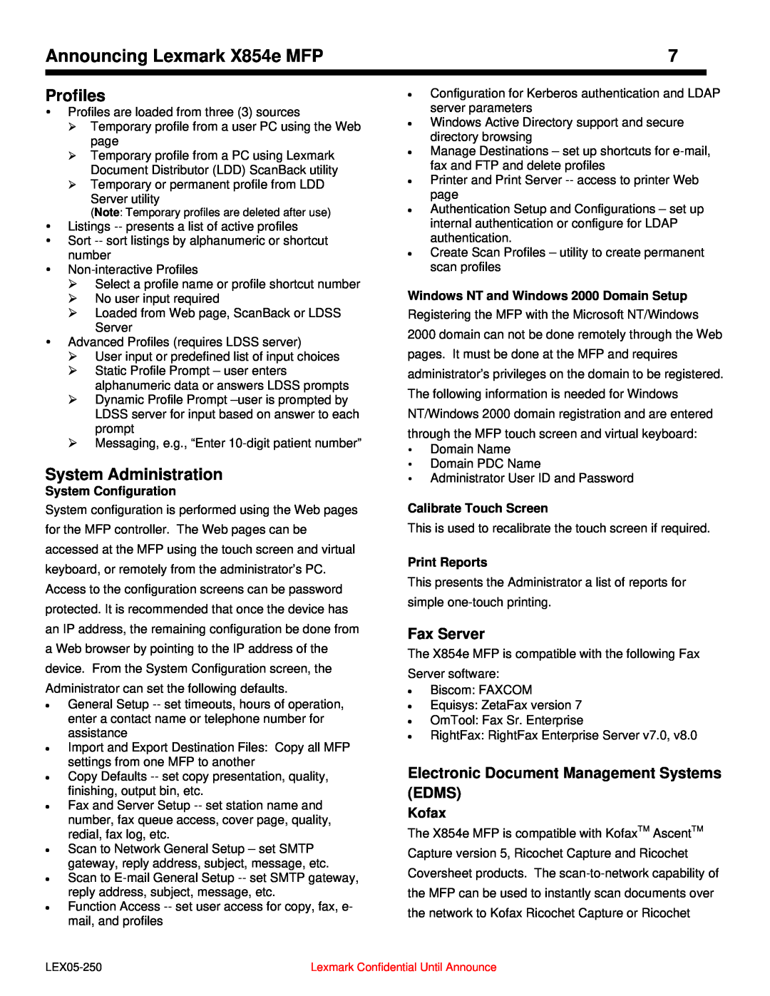 Lexmark 854e MFP manual Profiles, System Administration, Fax Server, Electronic Document Management Systems EDMS, Kofax 