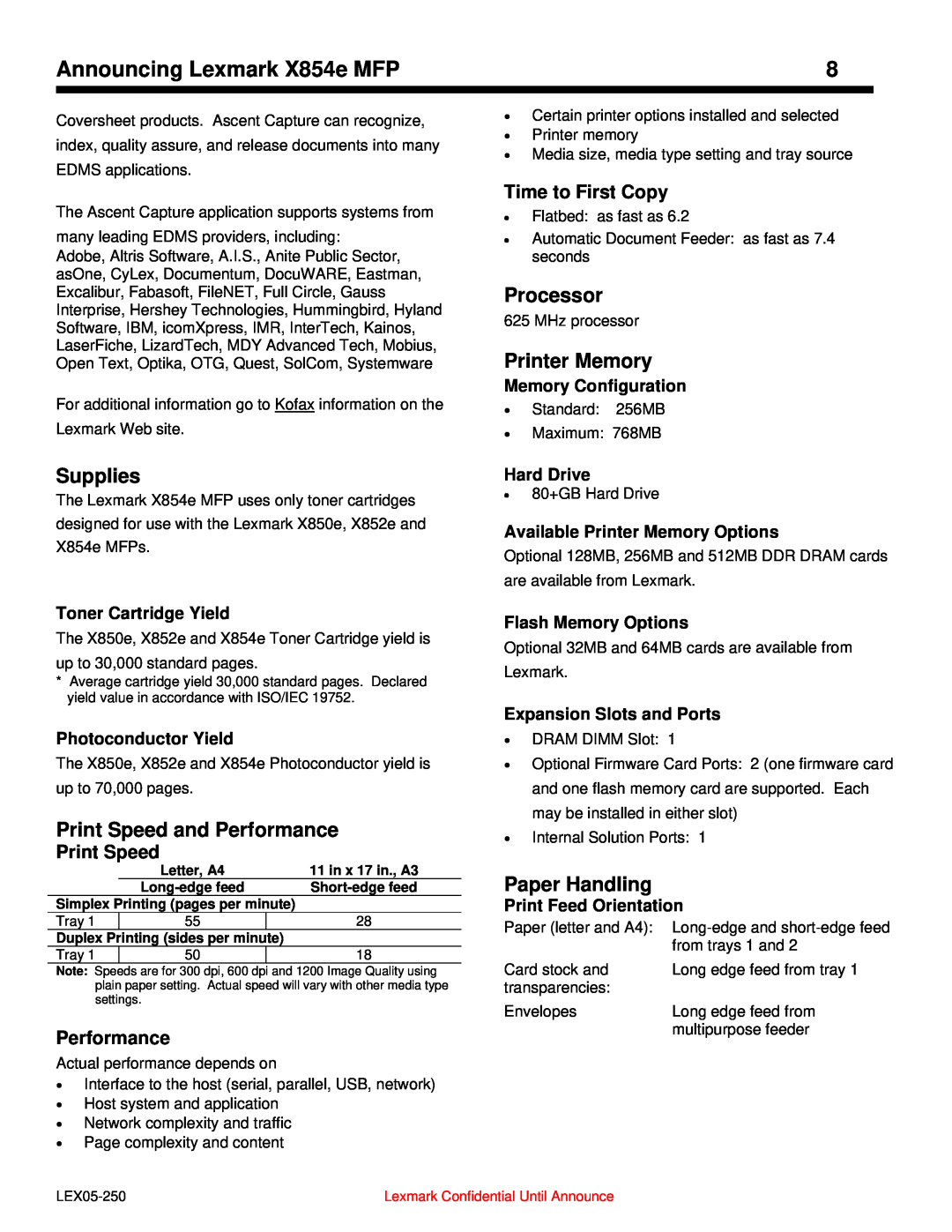 Lexmark 854e MFP Supplies, Print Speed and Performance, Processor, Printer Memory, Paper Handling, Time to First Copy 