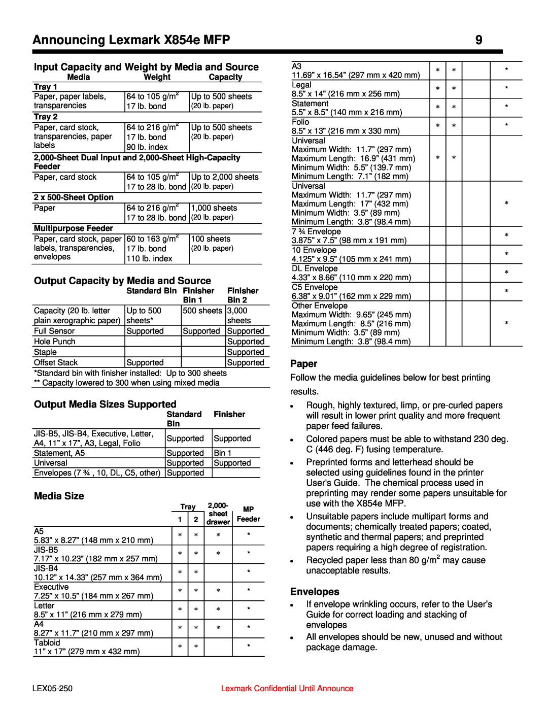 Lexmark 854e MFP Input Capacity and Weight by Media and Source, Output Capacity by Media and Source, Media Size, Paper 