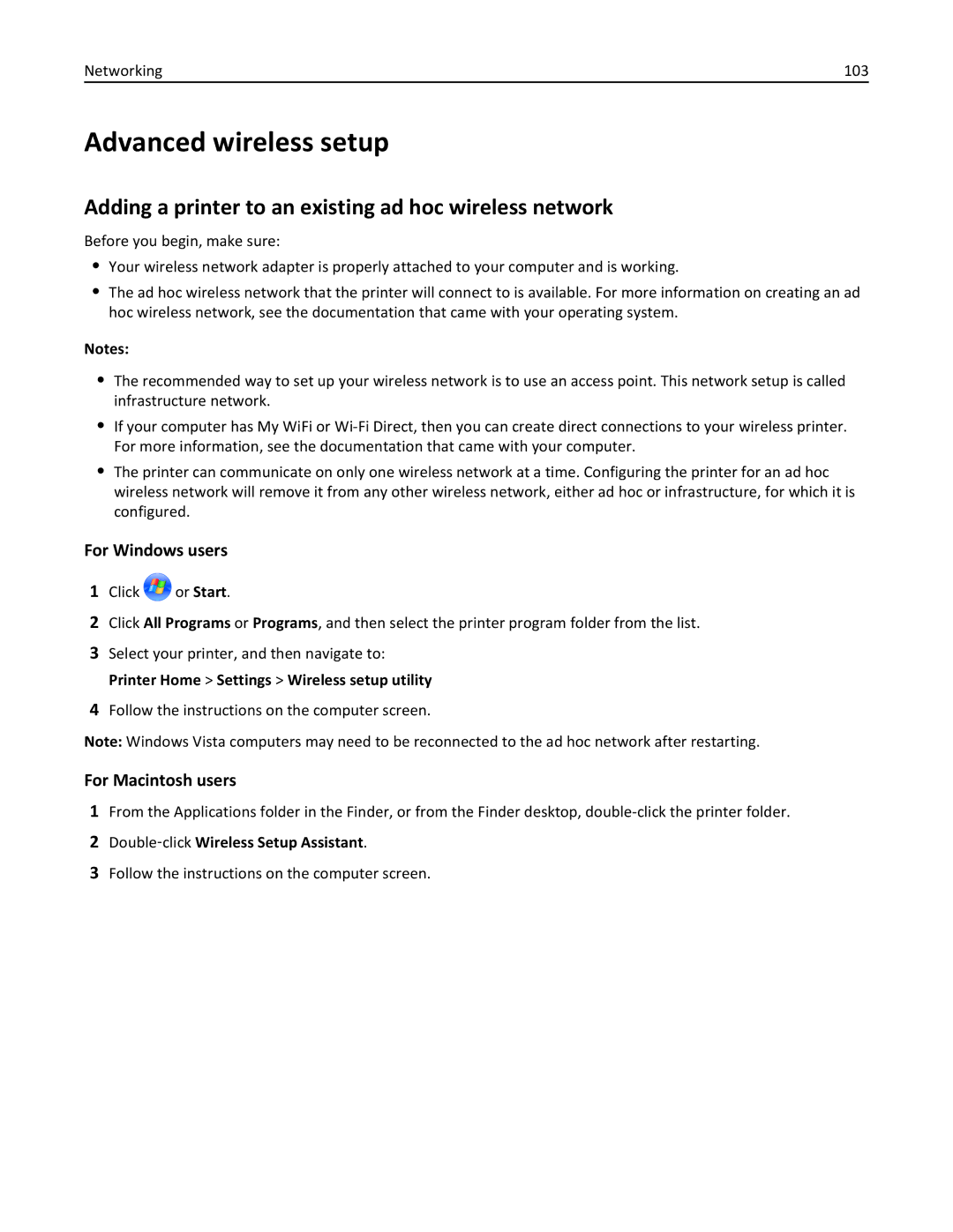 Lexmark 91E, 901, 90T9251, 90E, 90T9250 manual Advanced wireless setup, Adding a printer to an existing ad hoc wireless network 