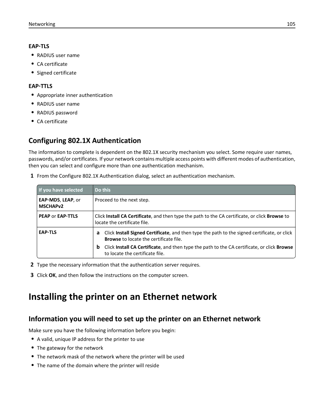 Lexmark 901 Installing the printer on an Ethernet network, Configuring 802.1X Authentication, If you have selected Do this 