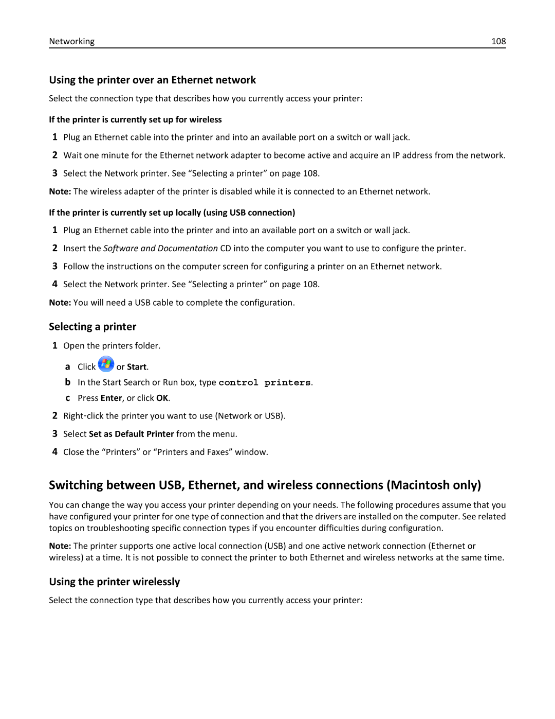 Lexmark 90T9250, 901, 90T9251, 90E, 90T9200, 91E, Pro915 manual Using the printer over an Ethernet network, Selecting a printer 