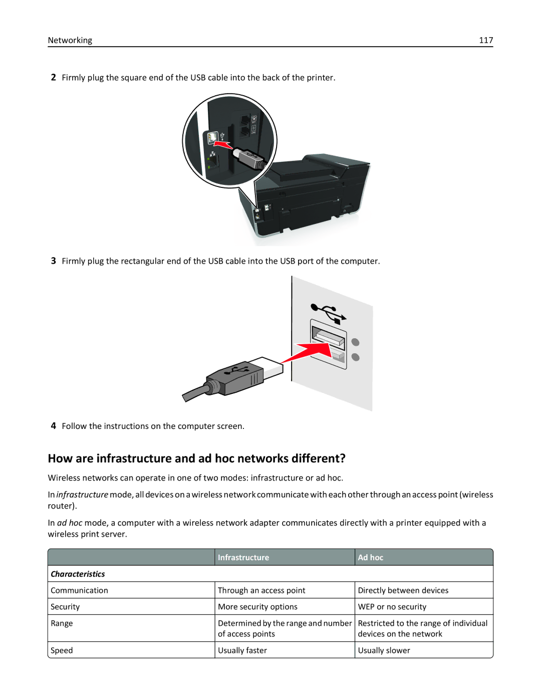 Lexmark 91E, 901, 90T9251, 90E, 90T9250, 90T9200 How are infrastructure and ad hoc networks different?, Infrastructure Ad hoc 