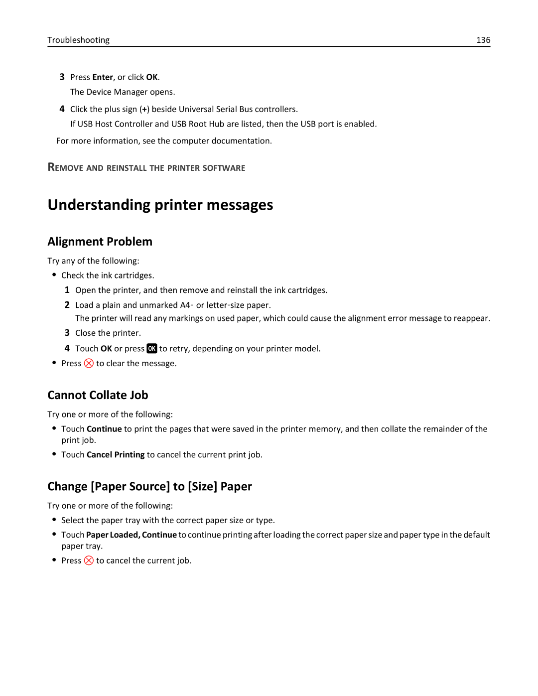 Lexmark 90T9250 Understanding printer messages, Alignment Problem, Cannot Collate Job, Change Paper Source to Size Paper 