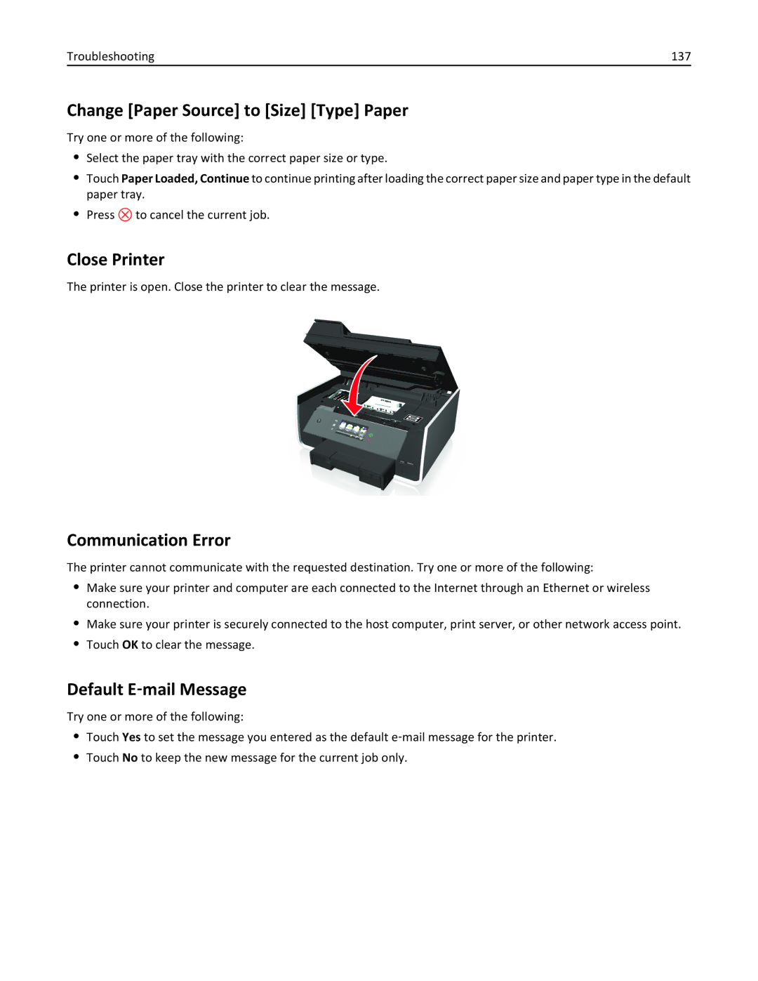 Lexmark 90T9200, 901 Change Paper Source to Size Type Paper, Close Printer, Communication Error, Default E‑mail Message 