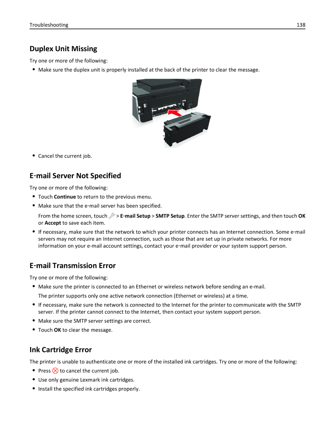 Lexmark 91E, 901, 90T9251 Duplex Unit Missing, ‑mail Server Not Specified, ‑mail Transmission Error, Ink Cartridge Error 