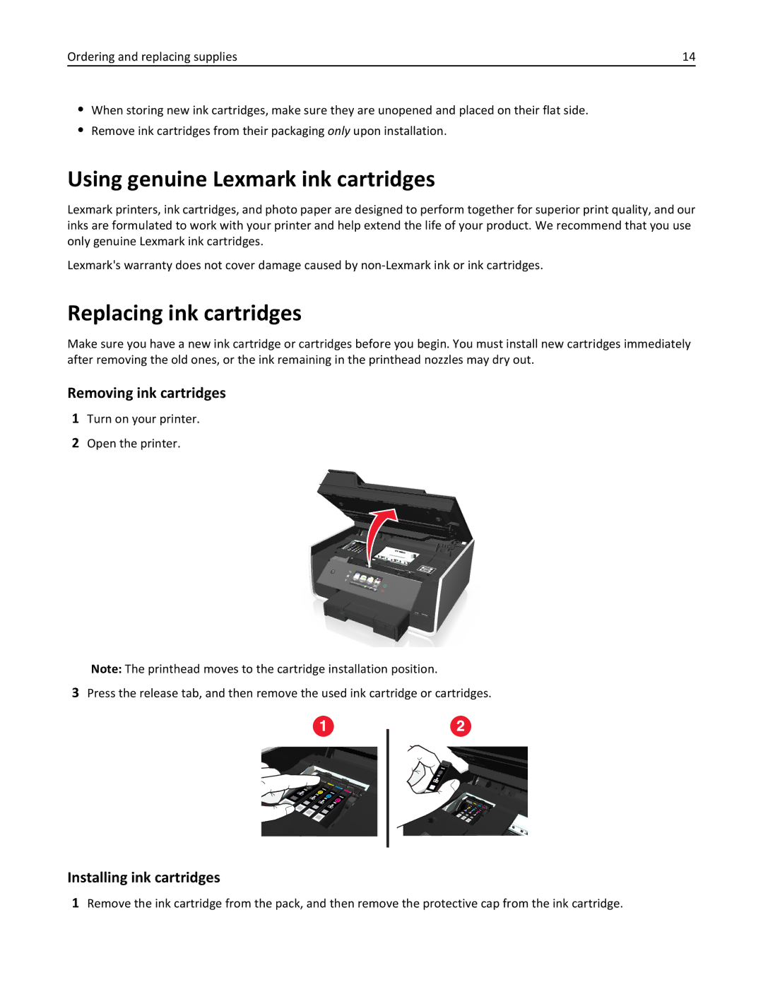 Lexmark 901, 90T9251, 90E, 90T9250 Using genuine Lexmark ink cartridges, Replacing ink cartridges, Removing ink cartridges 