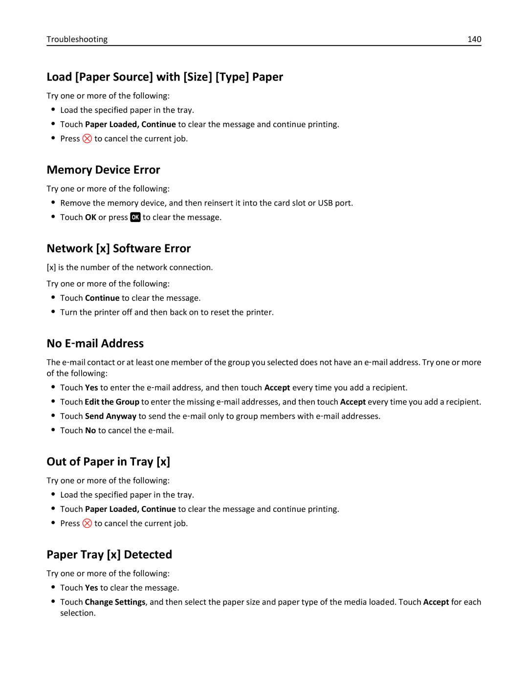 Lexmark 901, 90E Load Paper Source with Size Type Paper, Memory Device Error, Network x Software Error, No E‑mail Address 