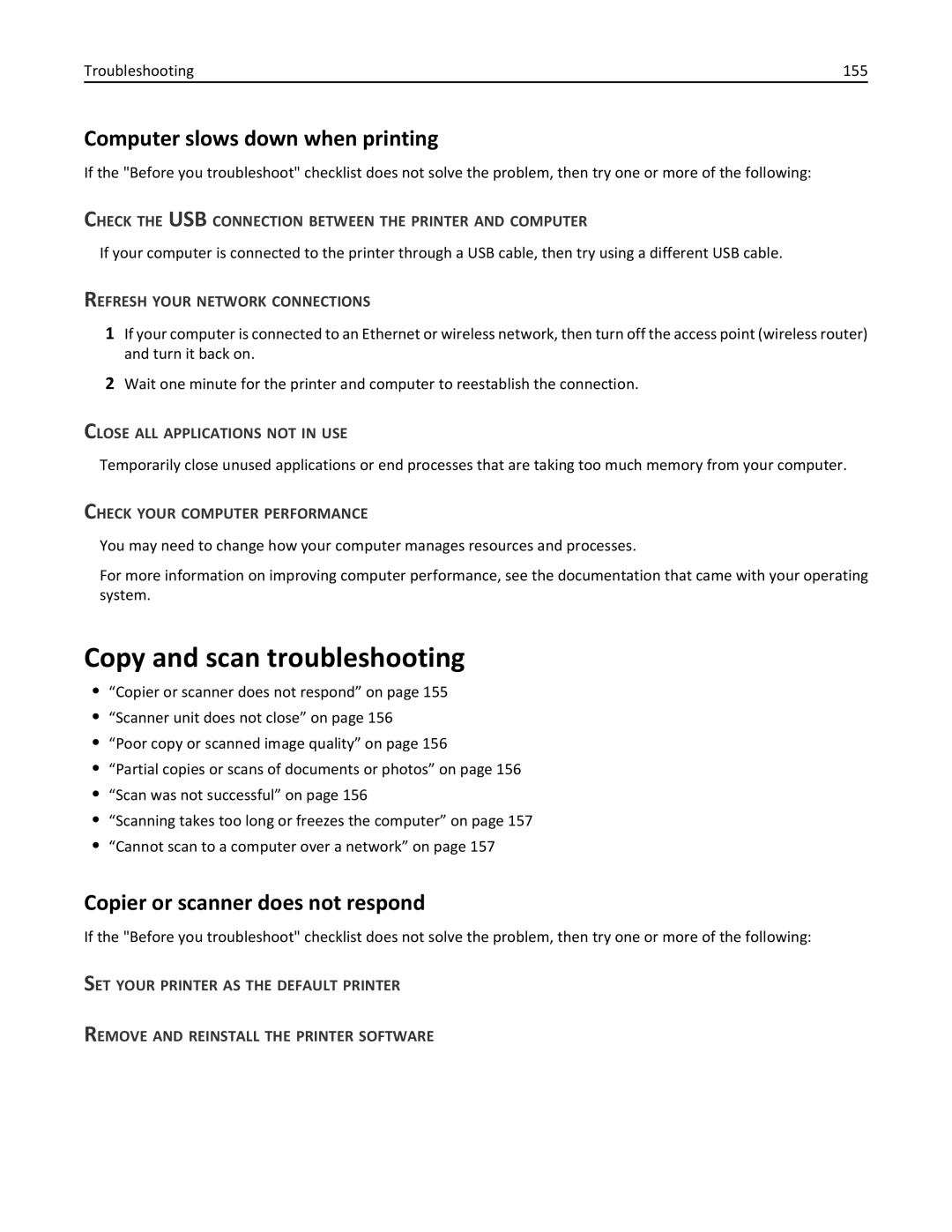 Lexmark 90T9251, 901 Copy and scan troubleshooting, Computer slows down when printing, Copier or scanner does not respond 