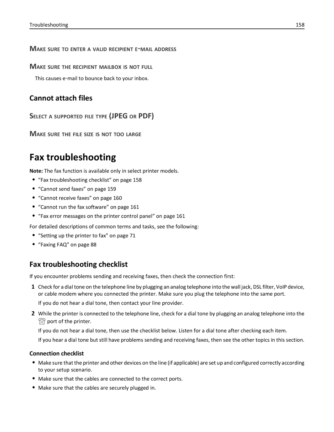 Lexmark 90T9200, 901, 90T9251, 90E, 90T9250, 91E Cannot attach files, Fax troubleshooting checklist, Connection checklist 