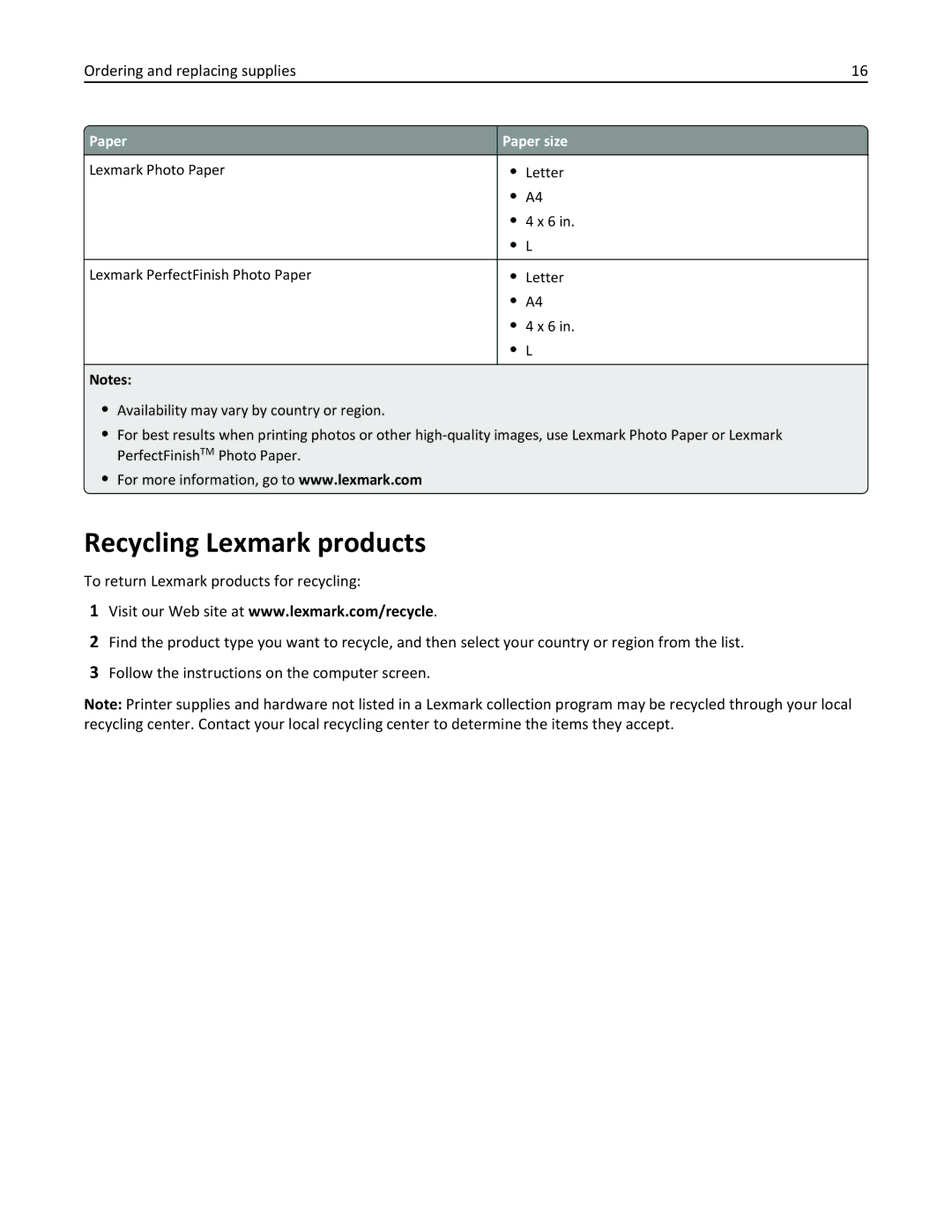 Lexmark 90E, 901, 90T9251, 90T9250, 90T9200, 91E, Pro915 manual Recycling Lexmark products, Paper Paper size 