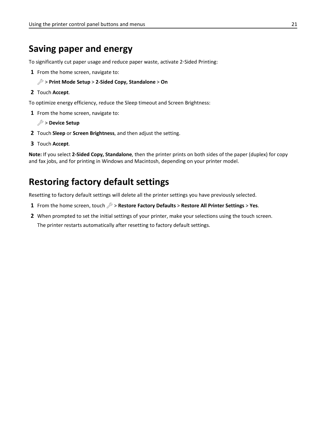 Lexmark 901, 90E Saving paper and energy, Restoring factory default settings, Print Mode Setup 2-Sided Copy, Standalone On 