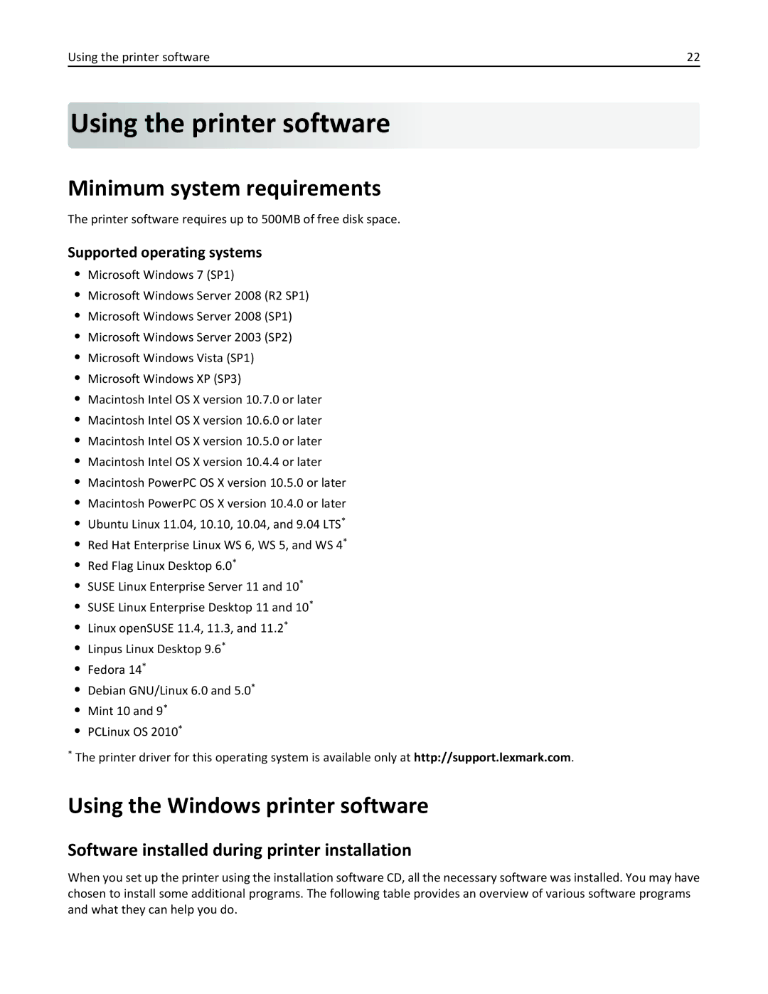 Lexmark 90T9251, 901, 90E, 91E Using the printer software, Minimum system requirements, Using the Windows printer software 