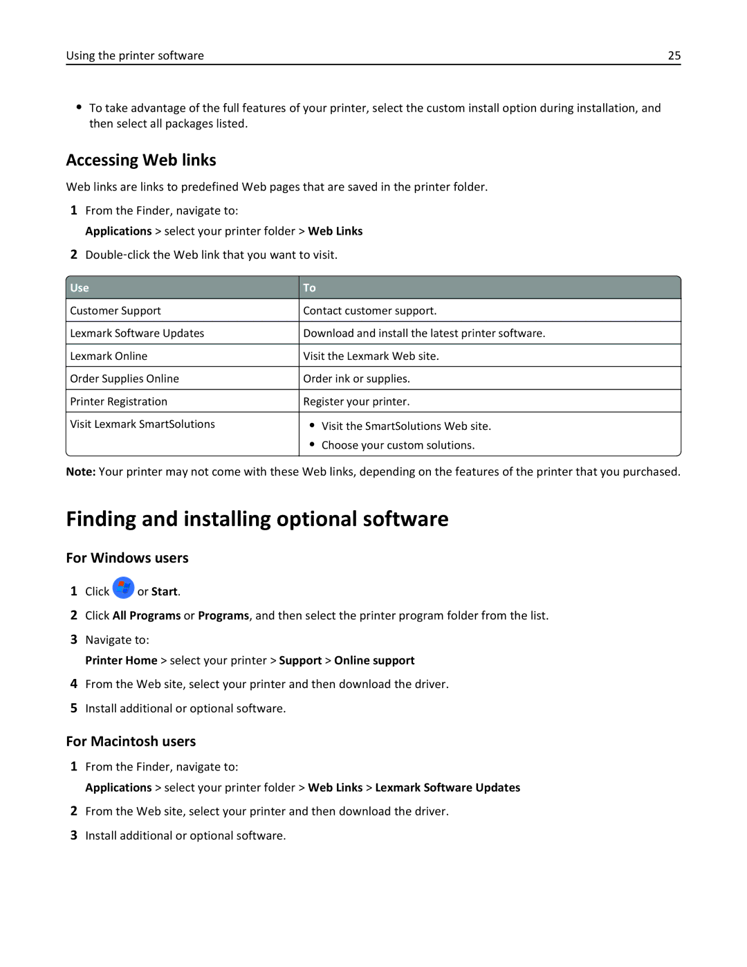 Lexmark 90T9200, 901 Finding and installing optional software, Accessing Web links, For Windows users, For Macintosh users 