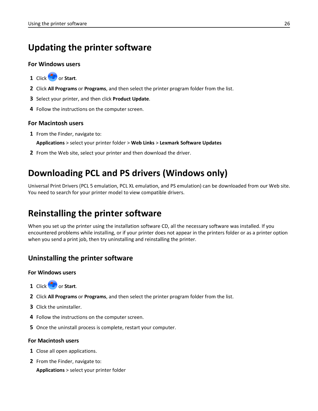 Lexmark 91E Updating the printer software, Downloading PCL and PS drivers Windows only, Reinstalling the printer software 