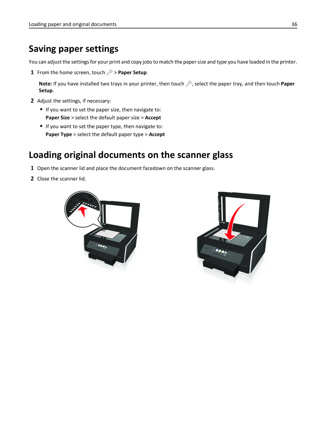 Lexmark 90T9251, 901, 90E, 90T9250, 90T9200, 91E, Pro915 Saving paper settings, Loading original documents on the scanner glass 